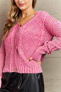 Hazel Blues® |  Soft Focus Wash Cable Knit Cardigan in Fuchsia