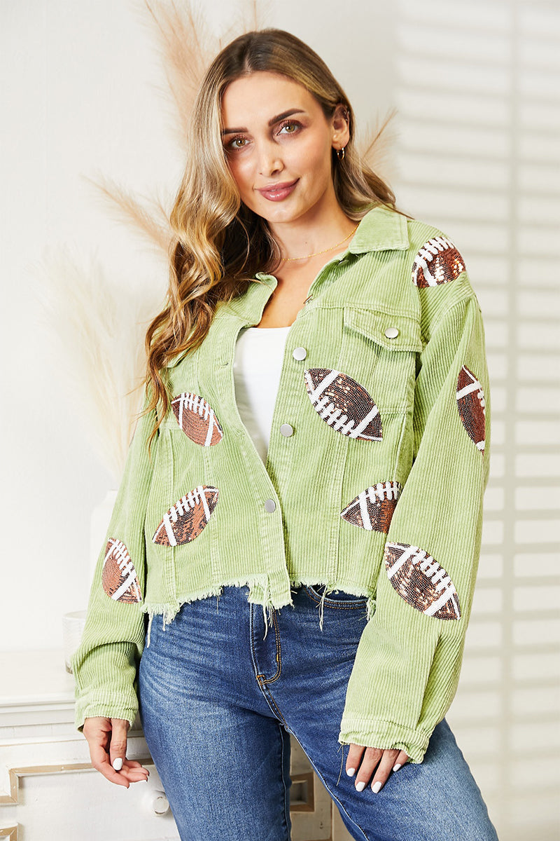 Hazel Blues® | PREORDER Sequin Football Patch Raw Hem Jacket