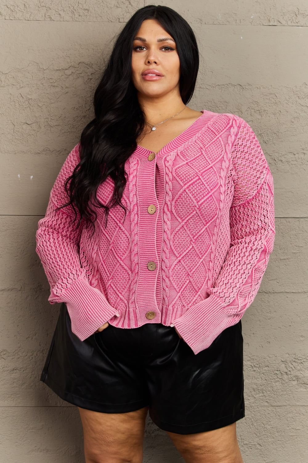 Hazel Blues® |  Soft Focus Wash Cable Knit Cardigan in Fuchsia