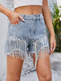 Hazel Blues® |  Distressed Pearl Trim Denim Shorts with Pockets