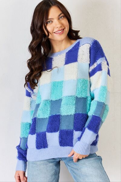 Hazel Blues® |  J.NNA Checkered Round Neck Long Sleeve Sweater