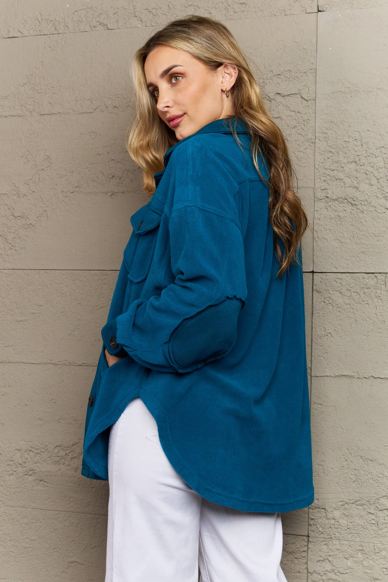 Hazel Blues® |  Cozy in the Cabin Fleece Elbow Patch Shacket in Teal