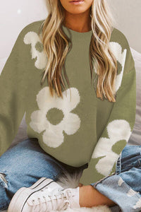 Hazel Blues® |  Round Neck Floral Pattern Color Contrast  Design Long Sleeve Sweater