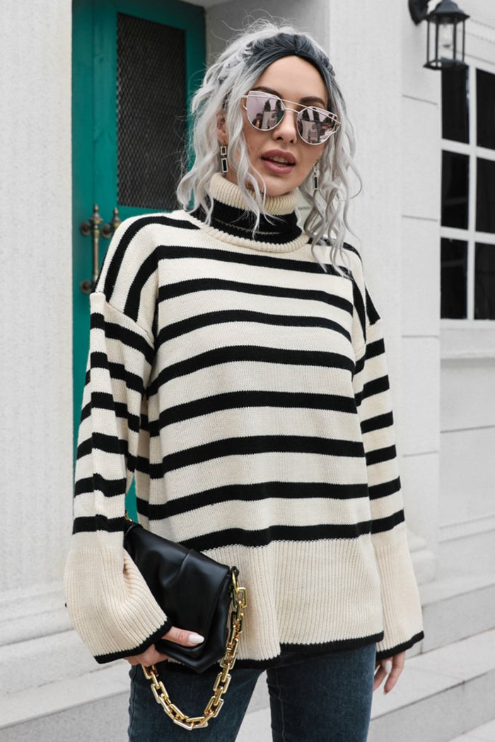 Hazel Blues® |  Striped Turtleneck Drop Shoulder Sweater