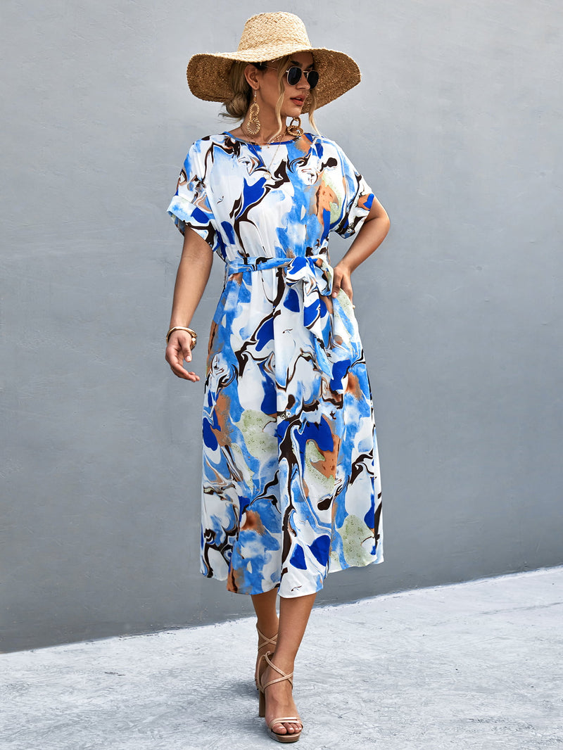 short sleeve tie waist midi dress Cream Multi Print Cap Sleeve Tie Waist Midi Dress *FINAL SALE*