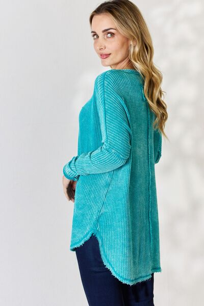 Hazel Blues® |  Zenana Oversized Washed Waffle Long Sleeve Top