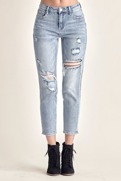 Hazel Blues® |  RISEN Distressed Slim Cropped Jeans