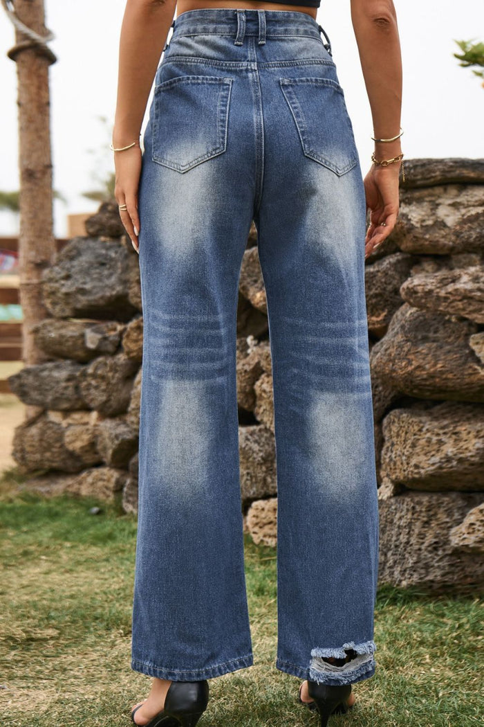 Hazel Blues® |  Distressed Buttoned Loose Fit Jeans