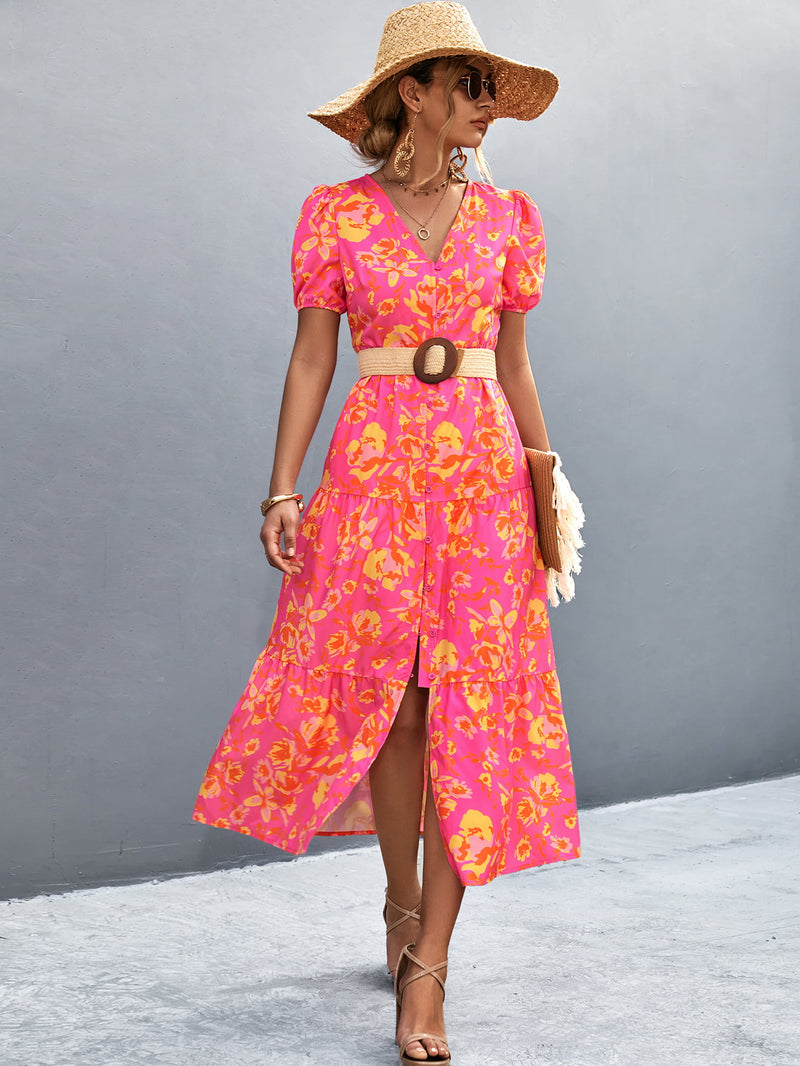 Hazel Blues | V-Neck Short Sleeve High Slit Midi Dress Hazel Blues | V-Neck Short Sleeve High Slit Midi Dress