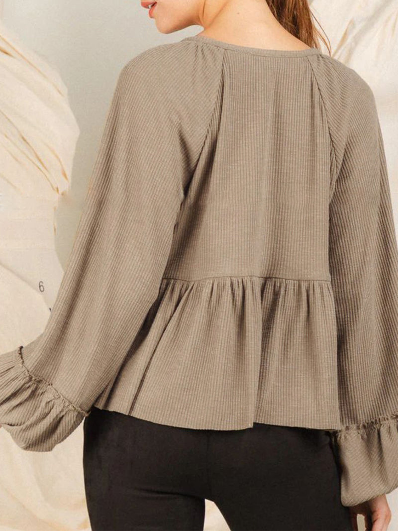 Hazel Blues® |  Notched Balloon Sleeve Peplum Blouse