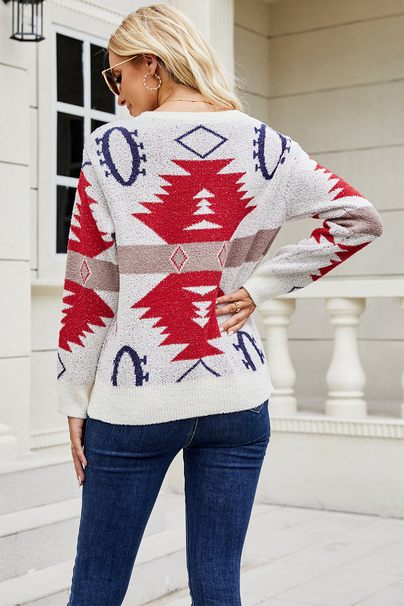 Hazel Blues® |  Printed Round Neck Long Sleeve Sweater