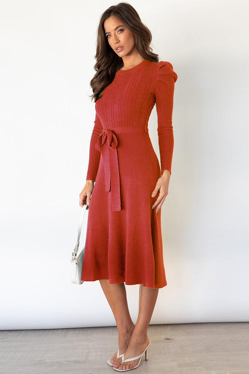 Round Neck Long Sleeve Tie Waist Sweater Dress Red Orange / M