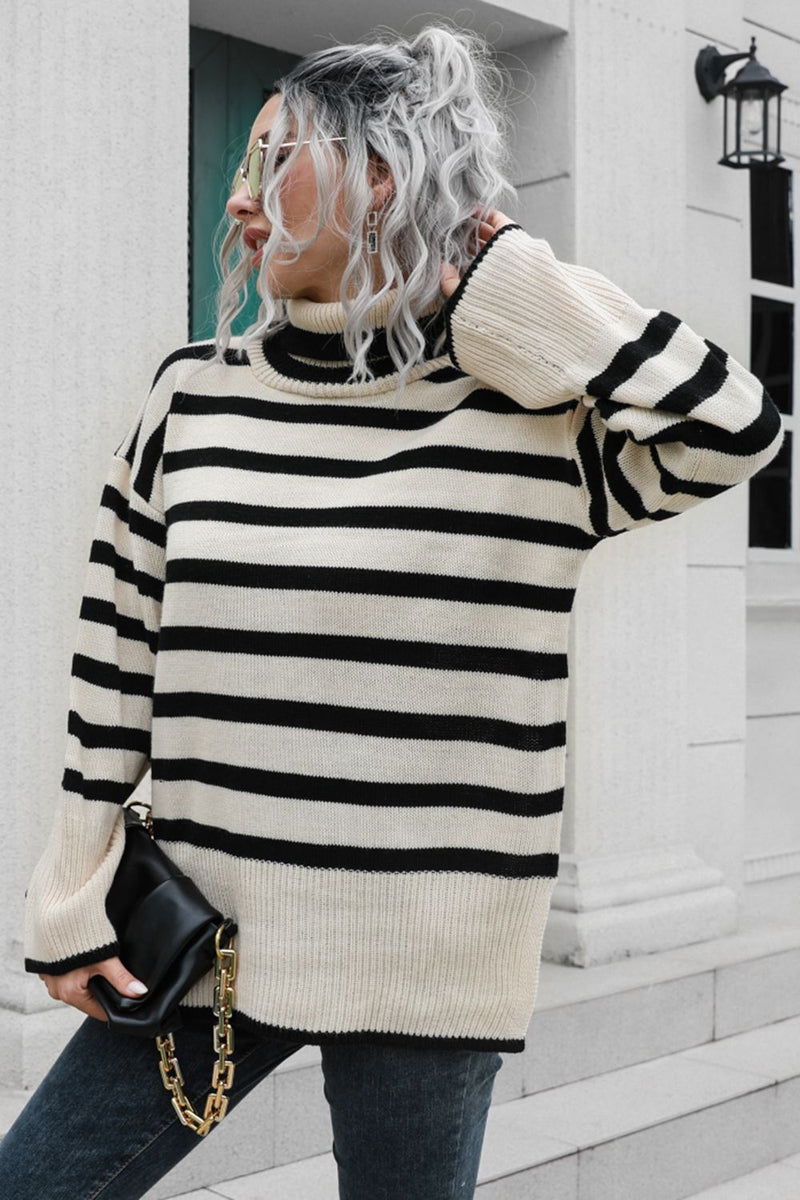 Hazel Blues® |  Striped Turtleneck Drop Shoulder Sweater