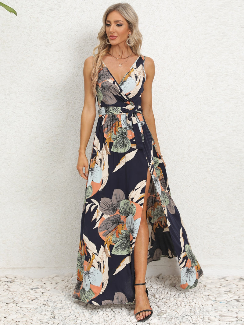 Hazel Blues® |  Slit Tied Printed Surplice Dress