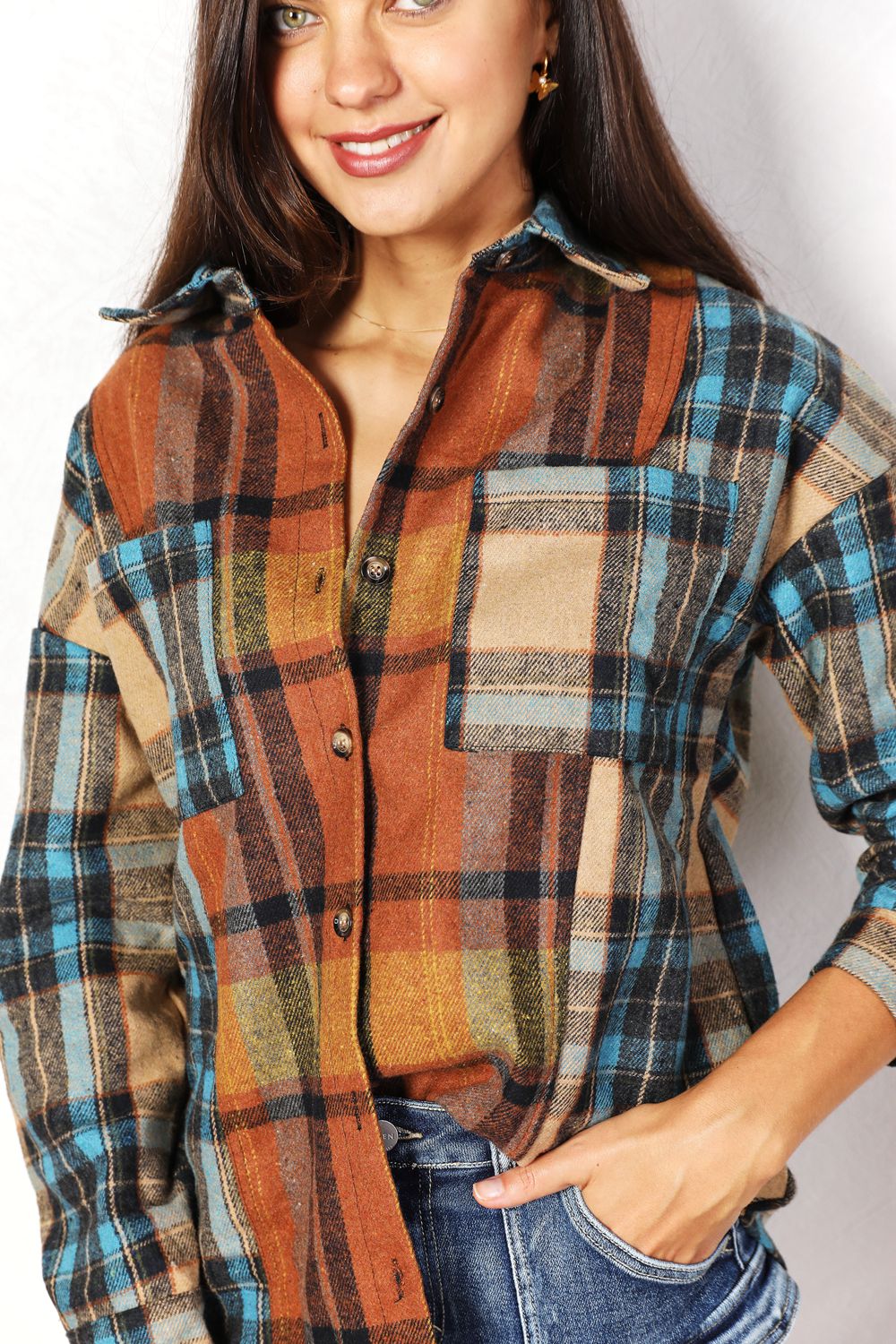 Hazel Blues® |  Double Take Plaid Curved Hem Shirt Jacket with Breast Pockets