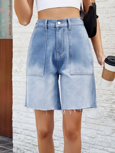 Hazel Blues® |  Buttoned Raw Hem Denim Shorts with Pockets