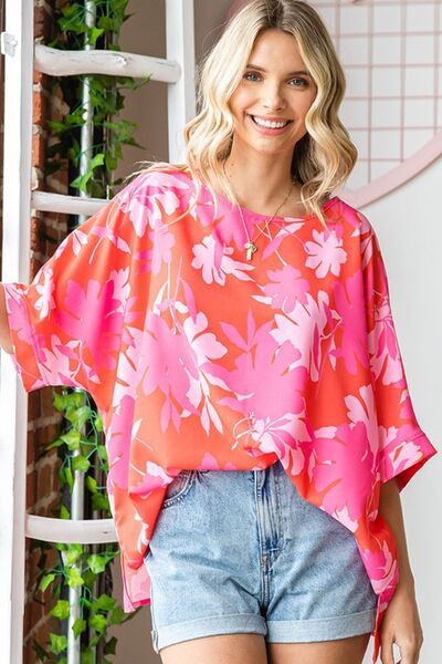 Hazel Blues® |  First Love Slit Printed Round Neck Half Sleeve Blouse