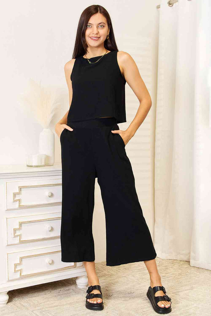 Hazel Blues® |  Double Take Buttoned Round Neck Tank and Wide Leg Pants Set