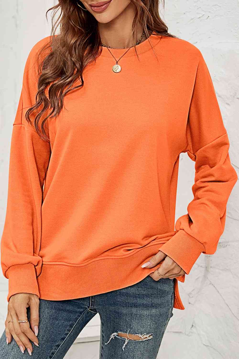 Hazel Blues® |  Round Neck  Dropped Shoulder Slit Sweatshirt