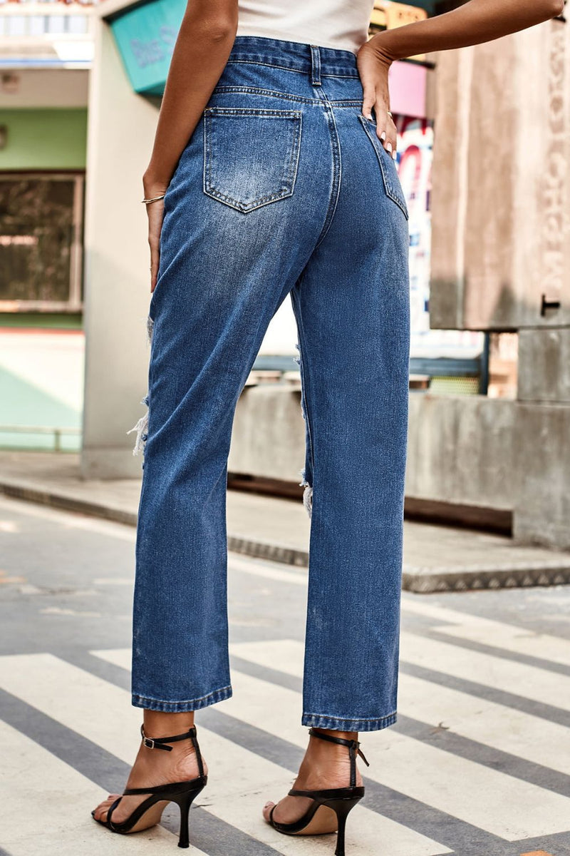 Hazel Blues® |  Distressed Buttoned Jeans with Pockets