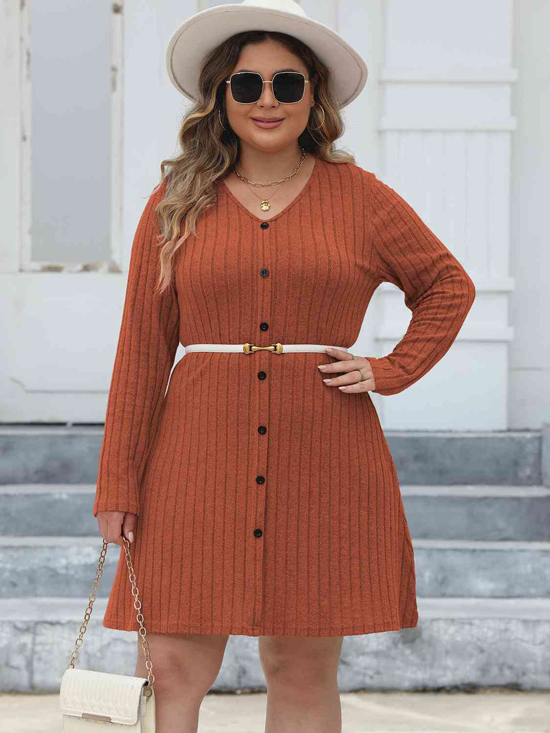 Hazel Blues® | Ribbed Buttoned V-Neck Long Sleeve Dress