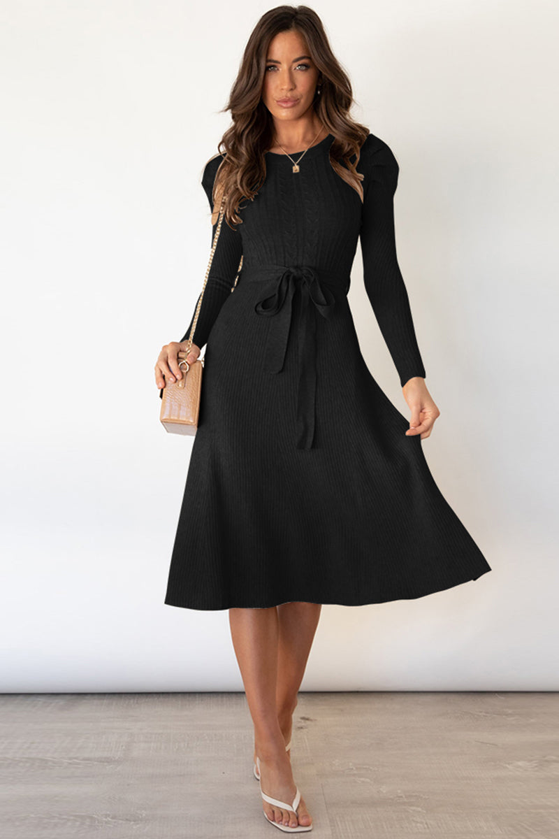 Hazel Blues® |  Round Neck Long Sleeve Tie Waist Sweater Dress