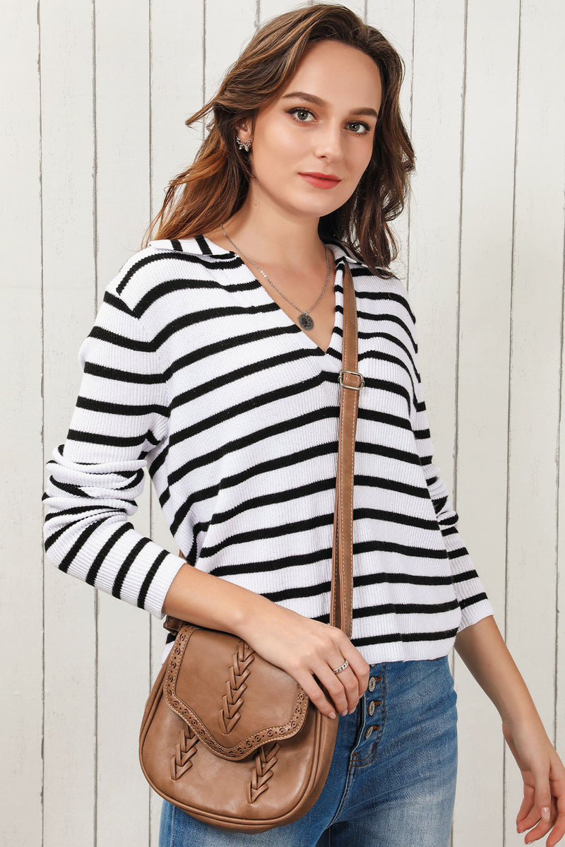 Hazel Blues® |  Double Take Striped Johnny Collar Long Sleeve Knit Top