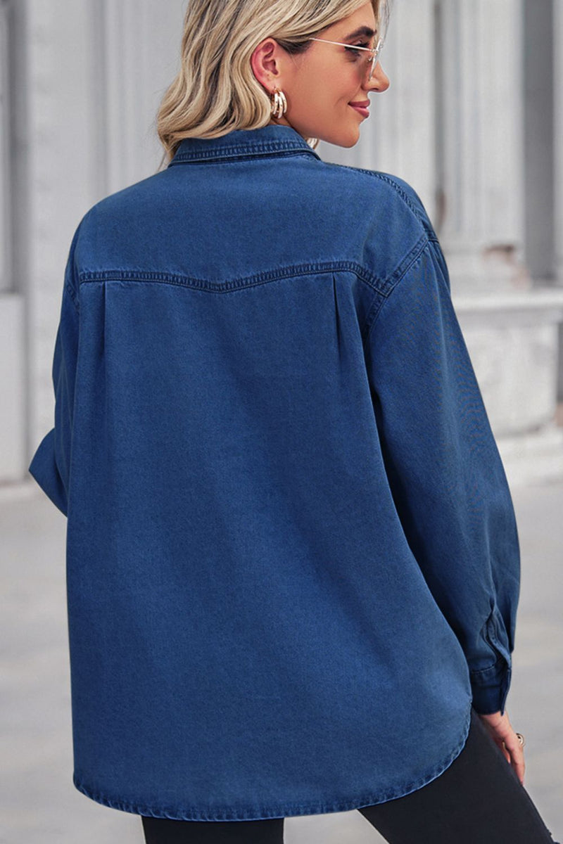 Hazel Blues® |  Collared Neck Dropped Shoulder Denim Top