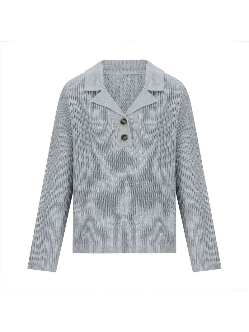 Hazel Blues® |  Collared Neck Half Button Knit Top