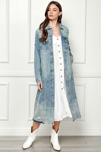 Hazel Blues® |  Veveret Distressed Raw Hem Pearl Detail Button Up Jacket