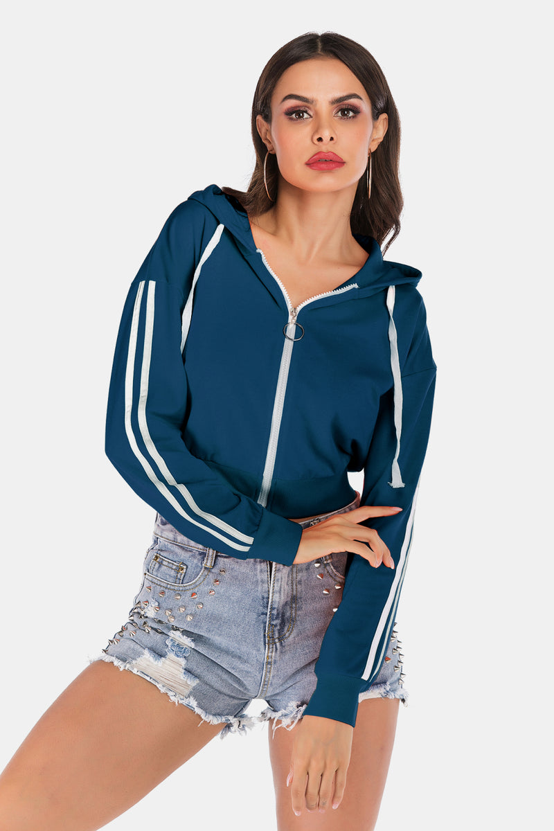 Hazel Blues® |  Side Stripe Drawstring Cropped Hooded Jacket