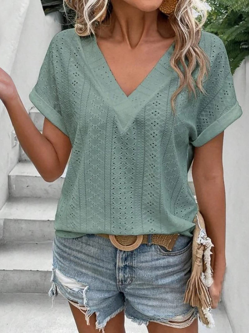 Hazel Blues® |  Eyelet V-Neck Short Sleeve Blouse