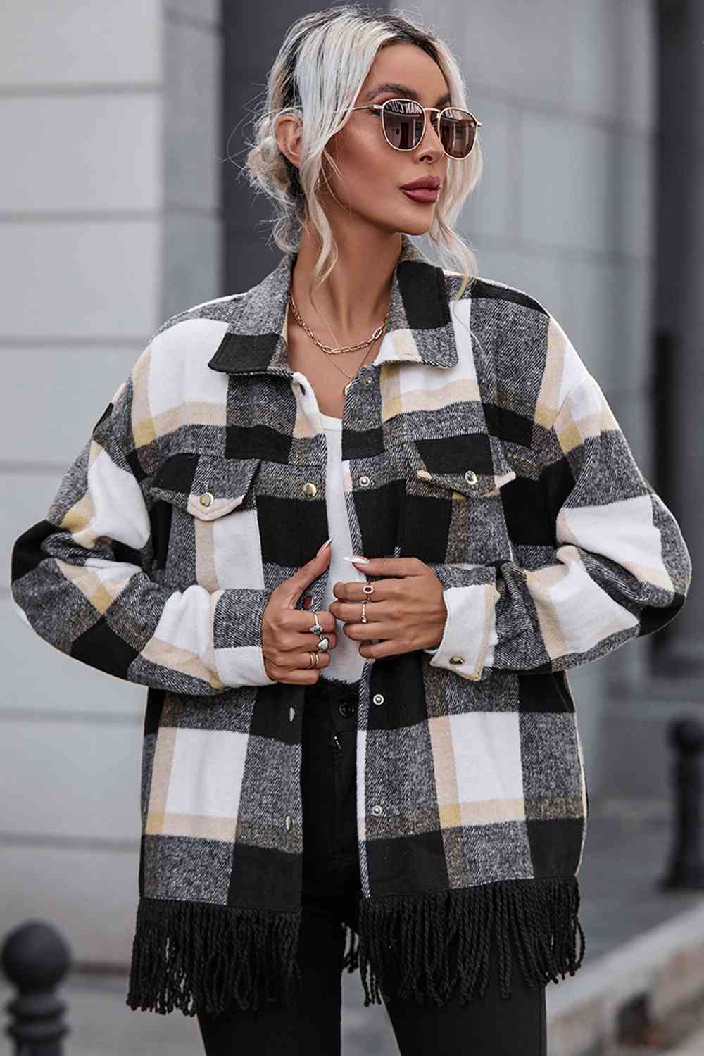 Hazel Blues® |  Plaid Collared Neck Snap Front Jacket