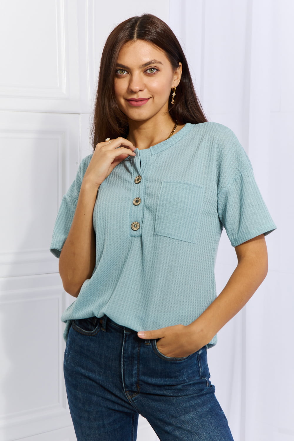 Hazel Blues® |  Heimish Made For You 1/4 Button Down Waffle Top in Blue