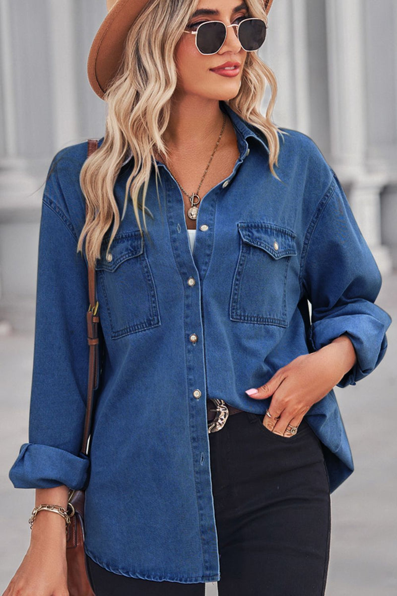 Hazel Blues® |  Collared Neck Dropped Shoulder Denim Top