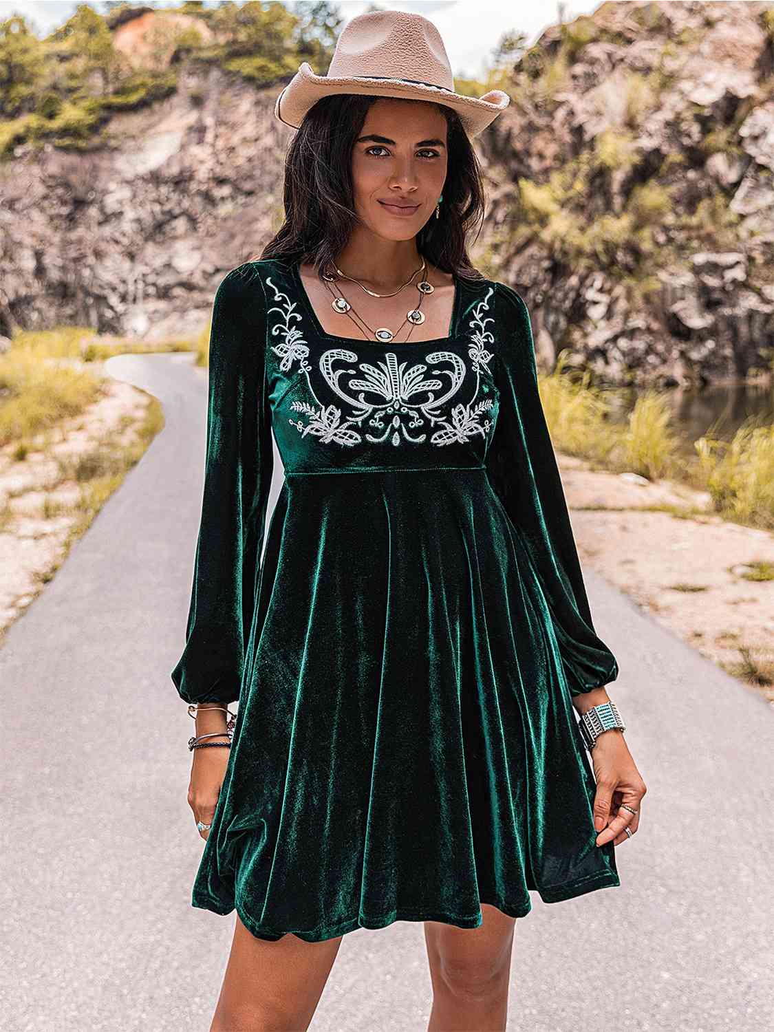 Hazel Blues® |  Embroidered Square Neck Long Sleeve Dress