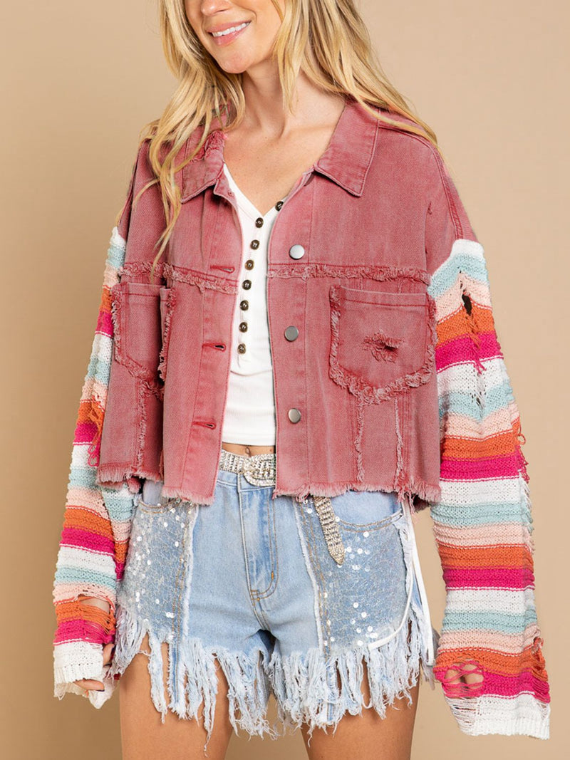 Hazel Blues® |  Distressed Striped Long Sleeve Denim Jacket