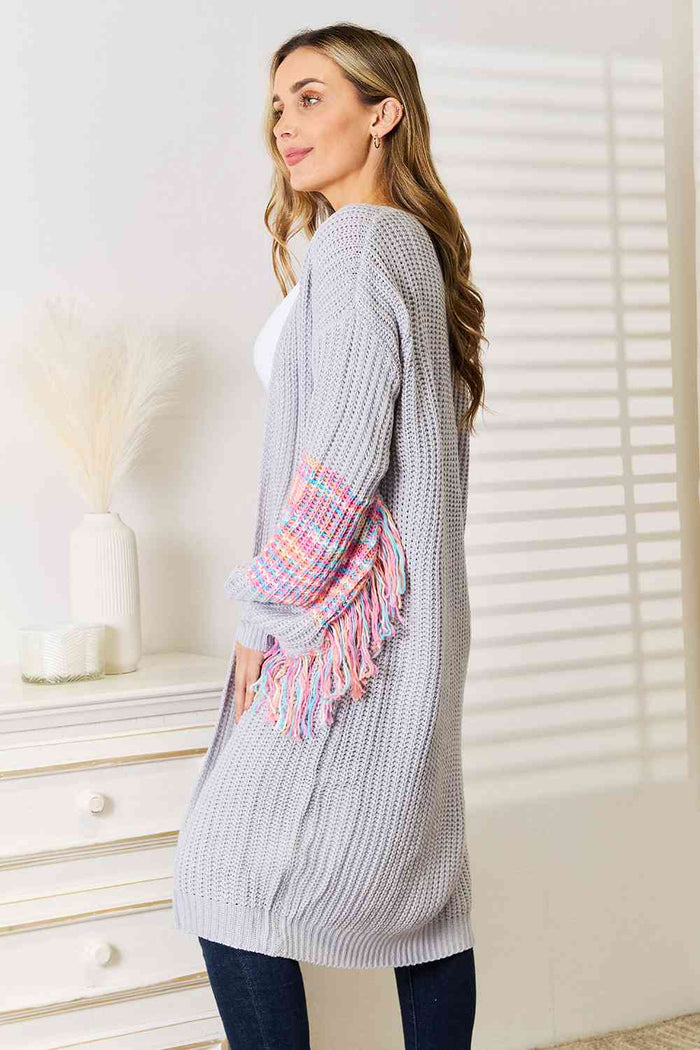 Hazel Blues® |  Woven Right Fringe Sleeve Dropped Shoulder Cardigan