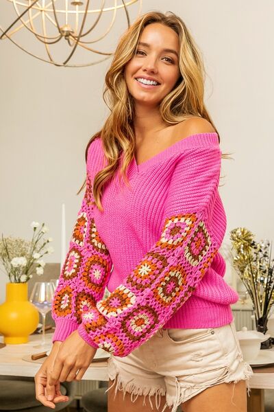 Hazel Blues® |  BiBi V-Neck Crochet Long Sleeve Sweater