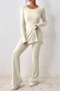 Hazel Blues® |  Ribbed Long Sleeve Slit Top and Bootcut Pants Set