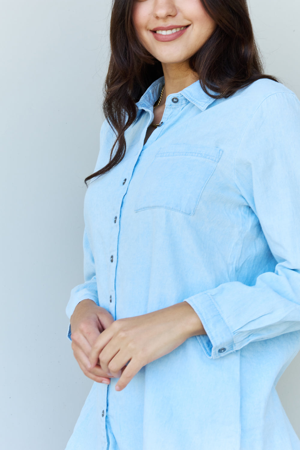 Hazel Blues® |  Doublju Blue Jean Baby Denim Button Down Shirt Top in Light Blue