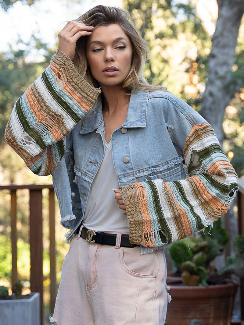 Hazel Blues® |  Distressed Striped Long Sleeve Denim Jacket