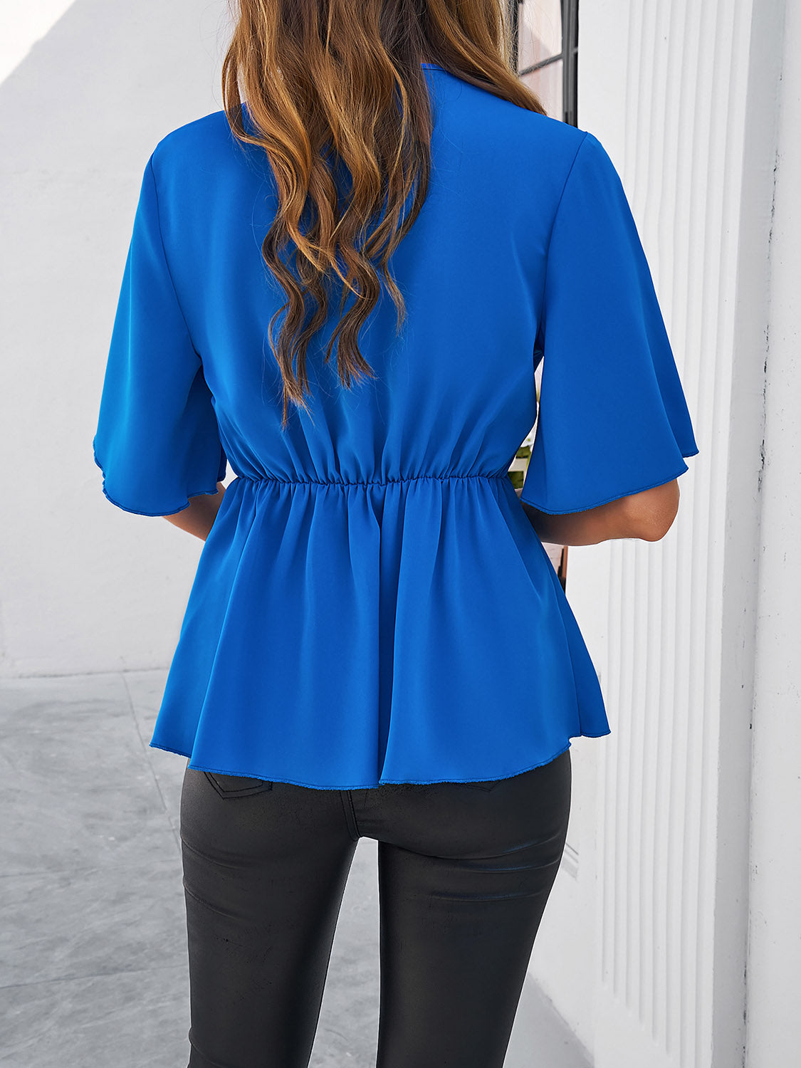 Hazel Blues® |  Surplice Tie Waist Half Sleeve Blouse