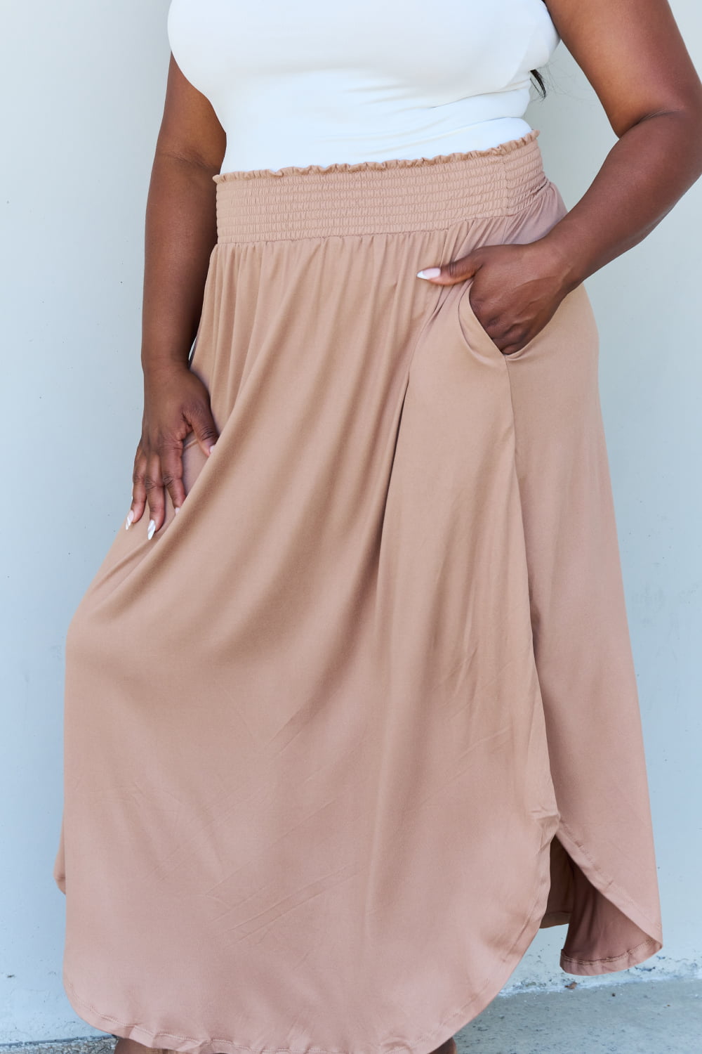 Hazel Blues® |  Doublju Comfort Princess High Waist Scoop Hem Maxi Skirt in Tan