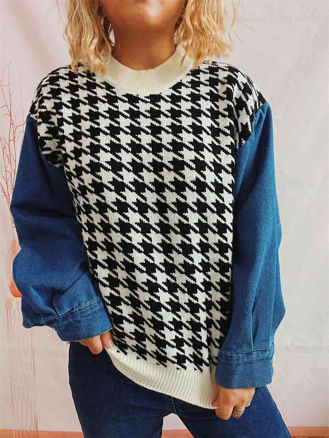 Hazel Blues® |  Houndstooth Denim Sleeve Sweater