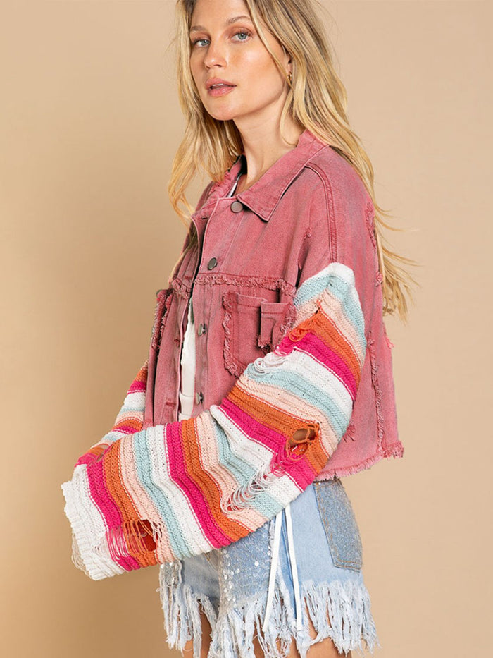 Hazel Blues® |  Distressed Striped Long Sleeve Denim Jacket