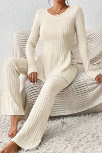 Hazel Blues® |  Ribbed Long Sleeve Slit Top and Bootcut Pants Set