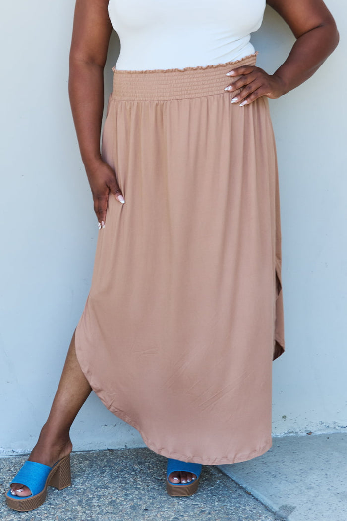 Hazel Blues® |  Doublju Comfort Princess High Waist Scoop Hem Maxi Skirt in Tan