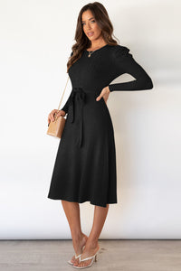 Hazel Blues® |  Round Neck Long Sleeve Tie Waist Sweater Dress