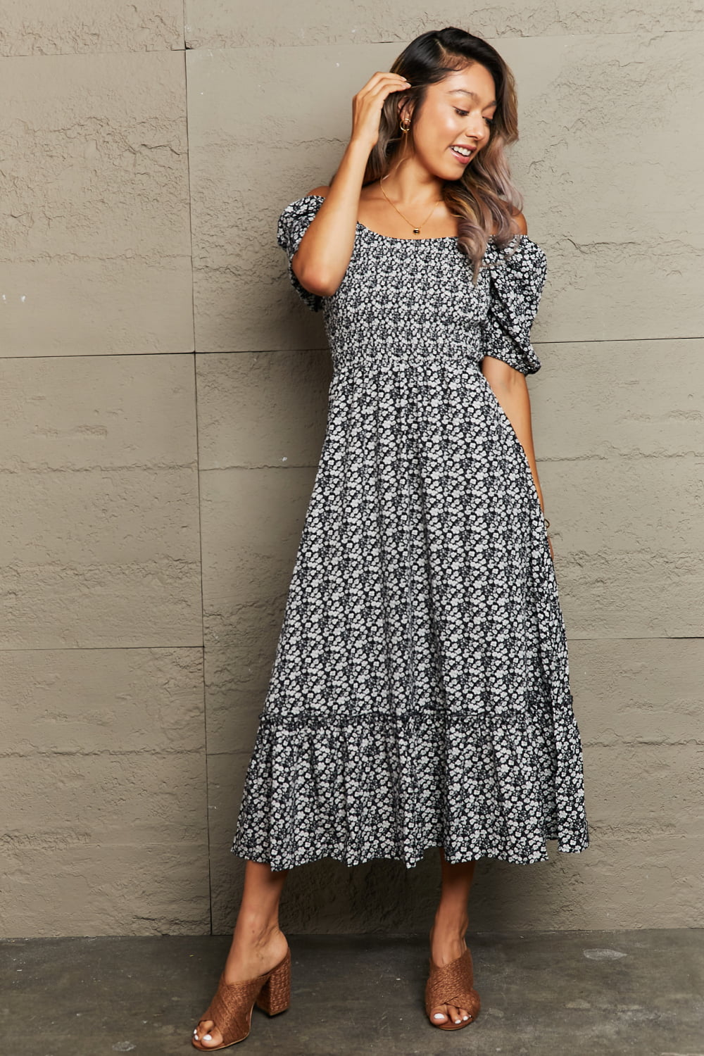 Hazel Blues® |  Floral Lace-Up Off-Shoulder Midi Dress